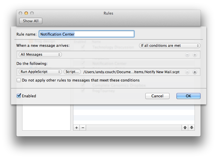 Screenshot of Outlook Rule for Notification Center Script